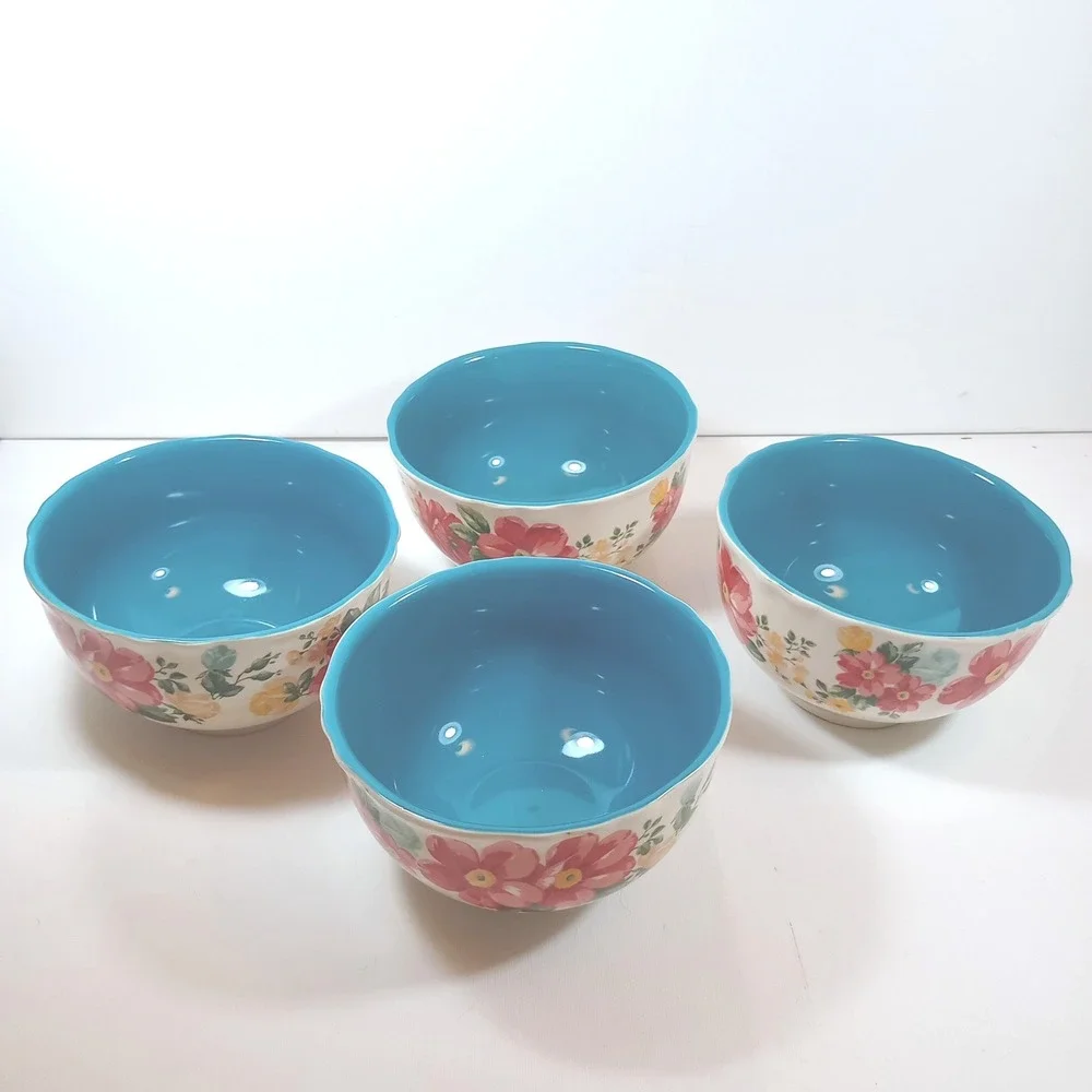 Vintage Pioneer Woman Floral Cereal Bowls Set of 4 Teal Stoneware 6'' 2015
